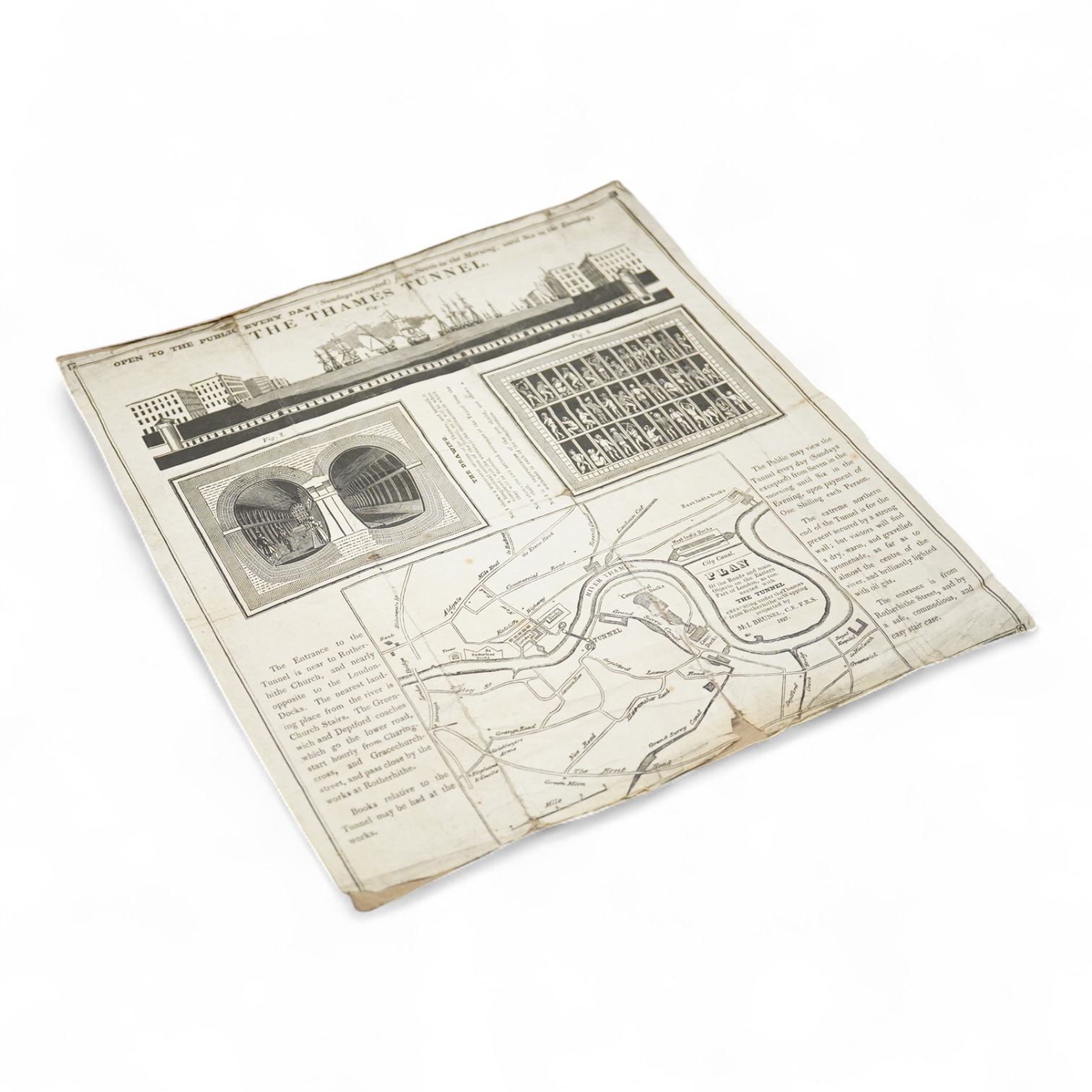 The Thames Tunnel advertising flyer showing the plans of Marc Brunel, dated 1827, the edges roughly cut and later pasted onto brown paper, 26 x 25.5cm